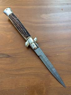 FRANK BELTRAME 23CM-9" DAMASCUS STAG BAYONET STILETTO WITH NICKEL SILVER BOLSTERS 