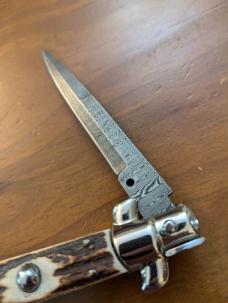 FRANK BELTRAME 23CM-9" DAMASCUS STAG BAYONET STILETTO WITH NICKEL SILVER BOLSTERS 