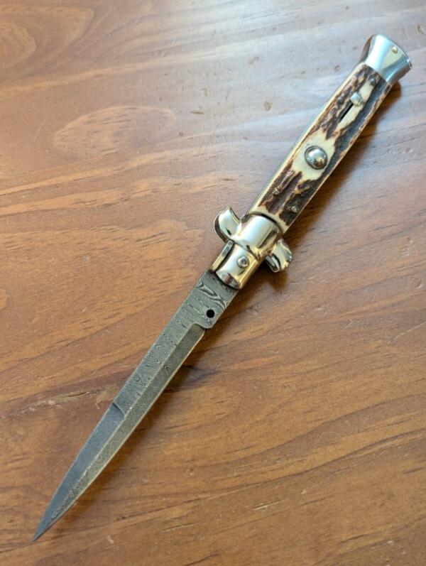 FRANK BELTRAME 23CM-9" DAMASCUS STAG BAYONET STILETTO WITH NICKEL SILVER BOLSTERS 