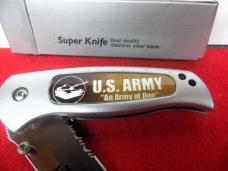 SUPER KNIFE U.S. ARMY ALUMINUM BODY LINER LOCK APPROX 4" PART SERRATED HAS POCKET CLIP IN BOX