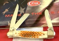 2014 Case xx Canoe w/ Brown Corn Cobb Jigged Bone Handles (mdl# 6318 SS) & USA Flag Shield -NOS