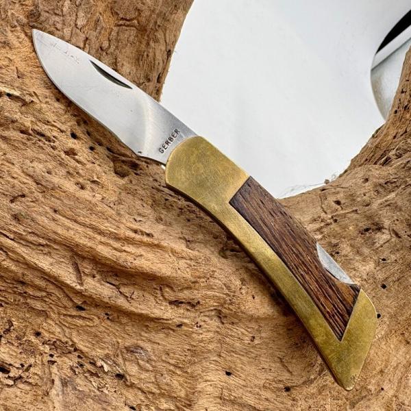 Gerber Portland OR Brass & Wood Folding Lock Back Drop Point Pocket Knife (40)