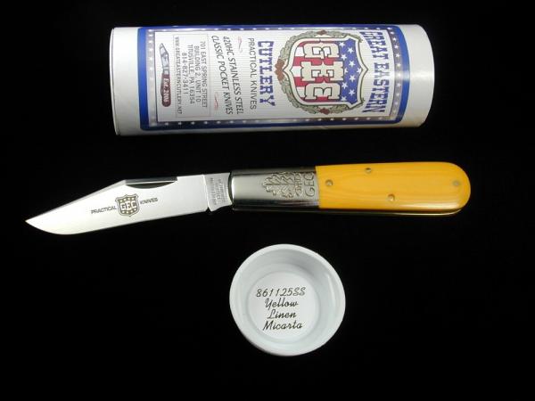 Great Eastern Cutlery GEC Smooth Yellow Linen Micarta Boom Town Barlow Knife 861125 420HC Stainless Great Eastern Cutlery GEC Smooth Yellow Linen Micarta Boom Town Barlow Knife 861125 420HC Stainless