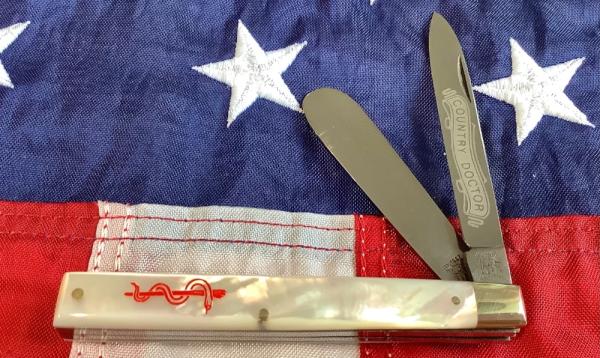 Rare 1997 Bulldog Brand HAND MADE 2 Blade Doctor Knife w/ Mother of Pearl Handles +Red Snake Etching