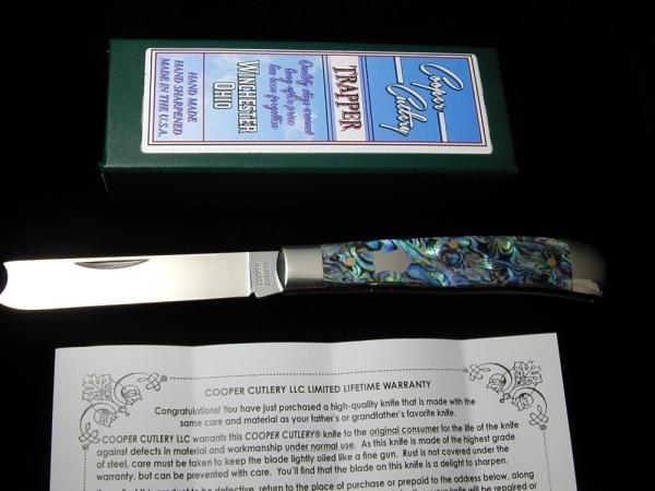 Cooper Cutlery Smooth Abalone Shell Razor Trapper Knife Rare NIB Made in USA ABALONE