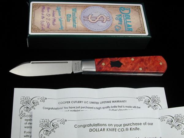 Dollar Knife Co. Red Burl Maple Wood with Black Shield Jack Knife from Cooper Cutlery USA RBM BLS