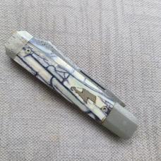 K'roo DragonFly Mammoth Ivory 4" clsd,Damasteel shield,blade,spring,bolsters,coa/slip