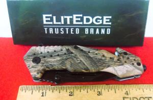 ELITEDGE THUMB STUD LINER LOCK RESCUE KNIFE APPROX 4-34quot CAMO FROM STORAGE UNUSED IN BOX