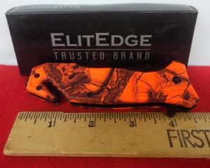 ELITEDGE THUMB STUD LINER LOCK RESCUE PART SERRATED ORANGE AND BLACK KNIFE APPROX 4-34quot IN BOX