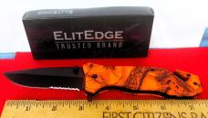 ELITEDGE THUMB STUD LINER LOCK RESCUE PART SERRATED ORANGE AND BLACK KNIFE APPROX 4-3/4