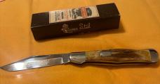 1994 Schatt & Morgan by Queen Swell Center Lockback Hunter w/Amazing Stag Handles. 1 of 600. Mint!