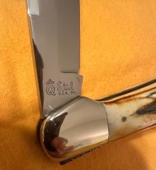 1994 Schatt & Morgan by Queen Swell Center Lockback Hunter w/Amazing Stag Handles. 1 of 600. Mint!