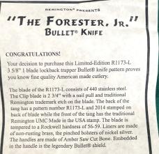 Remington UMC 1173L "The Forester" Junior Knife NIB 2014 USA