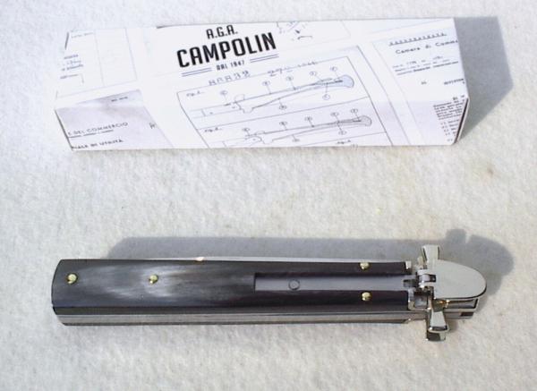 NEW A.G.A. CAMPOLIN 9" AUTOMATIC DOMINUS BRAZILIAN HORN LEVER LOCK, NICKEL SILVER BOLSTERS - W/BOX 