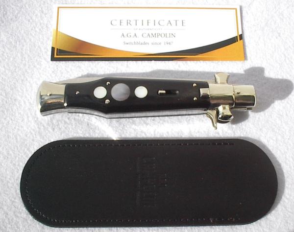 NEW AGA CAMPOILN 11" ( BLACK WIDOW ) BLACK HORN WITH MOTHER OF PEARL INLAYS 5MM BLADE MANIAGO ITALY
