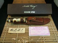 SCHRADE UNCLE HENRY 153UH GOLDEN SPIKE VINT. 80'S FIXED BLADE CARBON STEEL KNIFE, SHEATH, STONE, BOX
