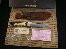 SCHRADE UNCLE HENRY 153UH GOLDEN SPIKE VINT. 80'S FIXED BLADE CARBON STEEL KNIFE, SHEATH, STONE, BOX