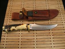 SCHRADE UNCLE HENRY 153UH GOLDEN SPIKE VINT. 80'S FIXED BLADE CARBON STEEL KNIFE, SHEATH, STONE, BOX