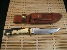 SCHRADE UNCLE HENRY 153UH GOLDEN SPIKE VINT. 80'S FIXED BLADE CARBON STEEL KNIFE, SHEATH, STONE, BOX