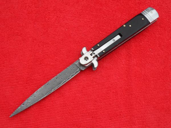 9"  Leverlock Leveretto style Stiletto switchblade knife ebonywood Handles Damascus Blade