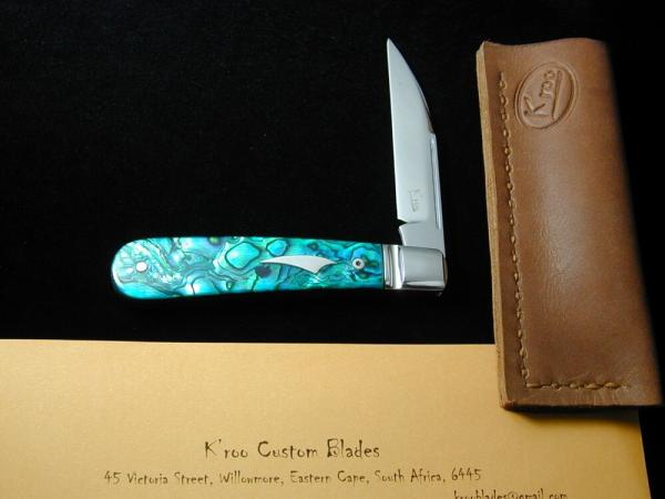 Kroo ALVS Green Abalone Mamba Swayback Wharncliffe Jack Knife S. Africa 4" Closed RWL34 SS Blade