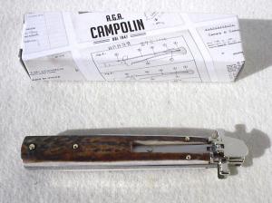 NEW A.G.A. CAMPOLIN 9" AUTOMATIC DOMINUS GENUINE STAG LEVER LOCK, NICKEL SILVER BOLSTERS - W/BOX