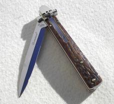 NEW A.G.A. CAMPOLIN 9" AUTOMATIC DOMINUS GENUINE STAG LEVER LOCK, NICKEL SILVER BOLSTERS - W/BOX 