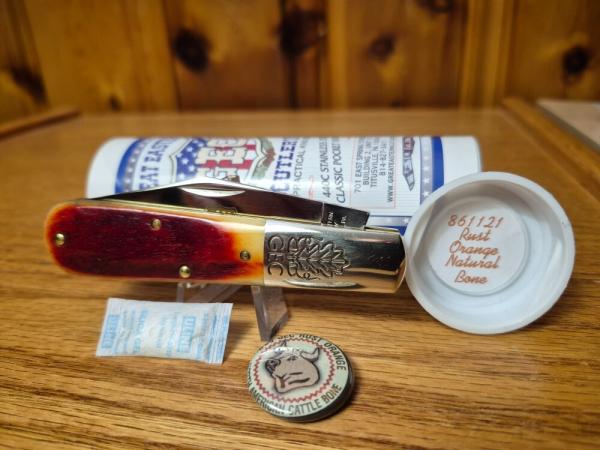 Great Eastern Cutlery 861121 Barlow Knife. Rust Orange Natural Bone, New/Mint, Tube, Button, 440C SS