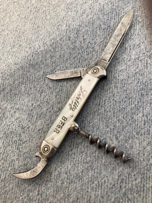 Antique RARE WESTER BROS., SCHLITZ BEER, Pearl Handled, Classic Bartender's Corkscrew Knife