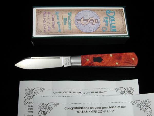 Dollar Knife Co. Red Burl Maple Wood with Black Shield Jack Knife from Cooper Cutlery USA RBM BLS