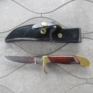 Vtg Olsen OK Hunting Knife w Leather Sheath Brass Finger Grip amp Butt Used