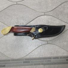 Vtg Olsen OK Hunting Knife w/ Leather Sheath Brass Finger Grip & Butt Used