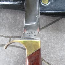 Vtg Olsen OK Hunting Knife w/ Leather Sheath Brass Finger Grip & Butt Used