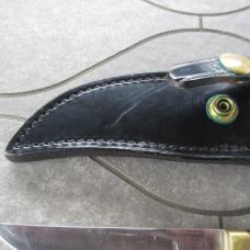 Vtg Olsen OK Hunting Knife w/ Leather Sheath Brass Finger Grip & Butt Used