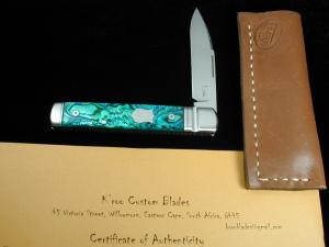 Kroo ALVS Green Abalone Sleeveboard Spear Knife 4quot Closed RWL34 SS Blade Custom Made in South Africa