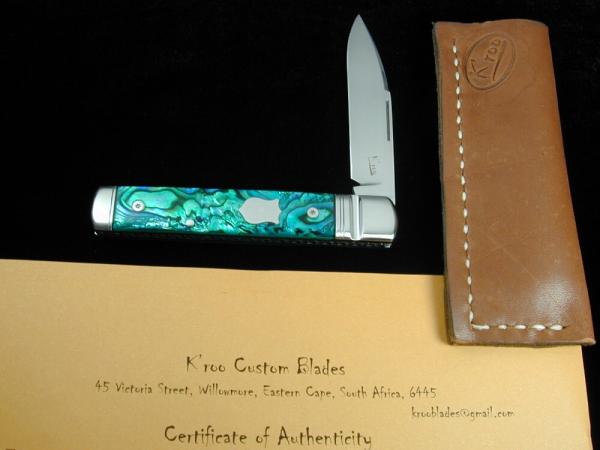 Kroo ALVS Green Abalone Sleeveboard Spear Knife 4" Closed RWL34 SS Blade Custom Made in South Africa