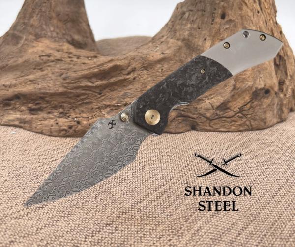 Kansept Knives Fenrir Folding Knife 3.5" Damascus Steel Blade Titanium/CF Handle