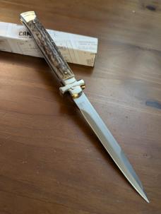  NIB 11"- 28 cm A.G.A. Campolin Alpine Stag Horn Maltese Automatic Lockback Stiletto