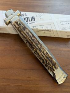  NIB 11"- 28 cm A.G.A. Campolin Alpine Stag Horn Maltese Automatic Lockback Stiletto