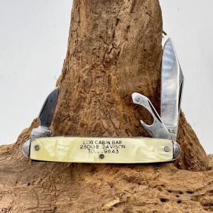 Vintage USA Advertising Pocket Knife Log Cabin Bar 3 blade bottle opener 176