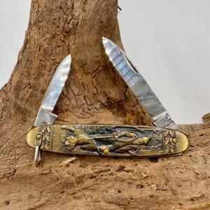 ARNEX VINTAGE SOLINGEN GERMANY POCKET KNIFE STAINLESS 2 BLADE HUNTING SCENE -127