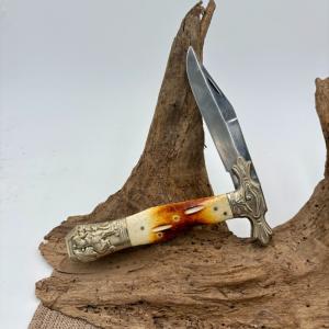 Ole Smokey Large Folding Bowie Pocket Knife Bone Handle Ornate Lockback 198