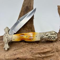 Ole Smokey Large Folding Bowie Pocket Knife Bone Handle Ornate Lockback (198)