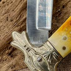 Ole Smokey Large Folding Bowie Pocket Knife Bone Handle Ornate Lockback (198)