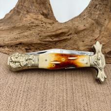 Ole Smokey Large Folding Bowie Pocket Knife Bone Handle Ornate Lockback (198)