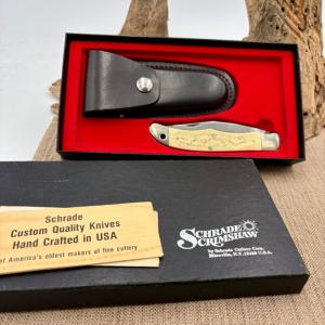 Schrade SC500 Vintage Fighting Ram Scrimshaw Lockback Knife Leather Sheath NIB