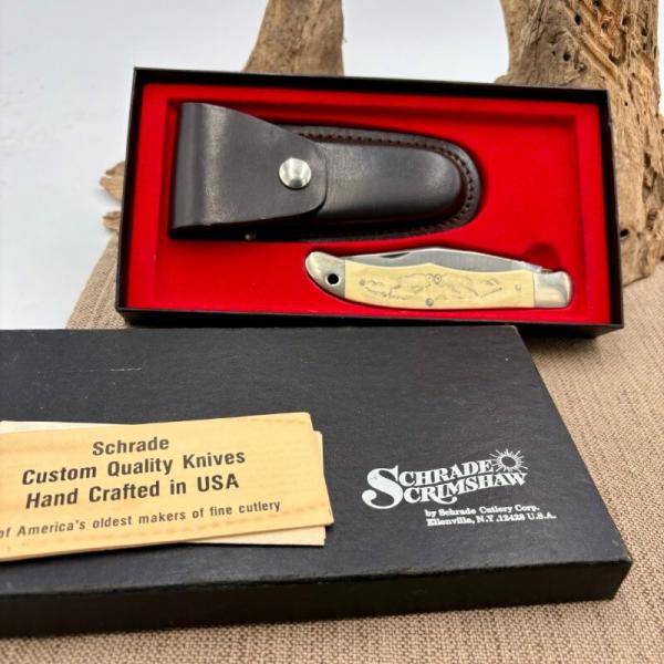 Schrade SC500 Vintage Fighting Ram Scrimshaw Lockback Knife Leather Sheath NIB 