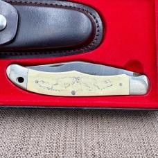Schrade SC500 Vintage Fighting Ram Scrimshaw Lockback Knife Leather Sheath NIB 