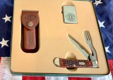 Case xx 2002 Hobo Knife w/ Chestnut Brown Bone Handles & Sheath + Lighter -Mint NOS