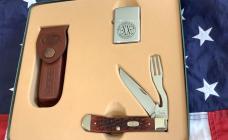 Case xx 2002 Hobo Knife w/ Chestnut Brown Bone Handles & Sheath + Lighter -Mint NOS